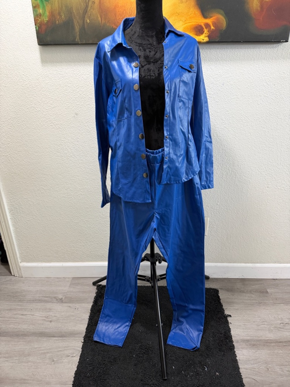 Blue Faux Leather Two-Piece Set